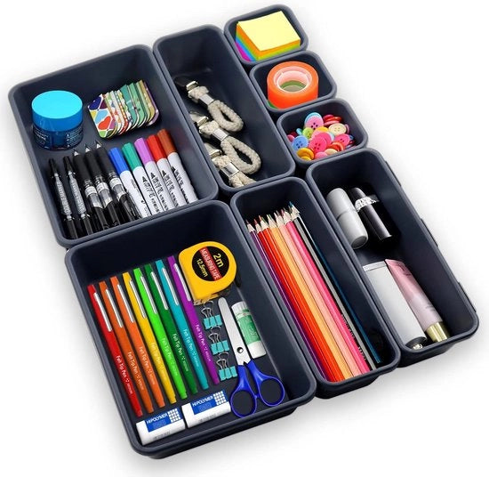 Set di Organizzazione per Cassetti - Sistema di Archiviazione - Ufficio e Bagno - Combinabile a Piacere - 8 Pezzi - Grigio Scuro