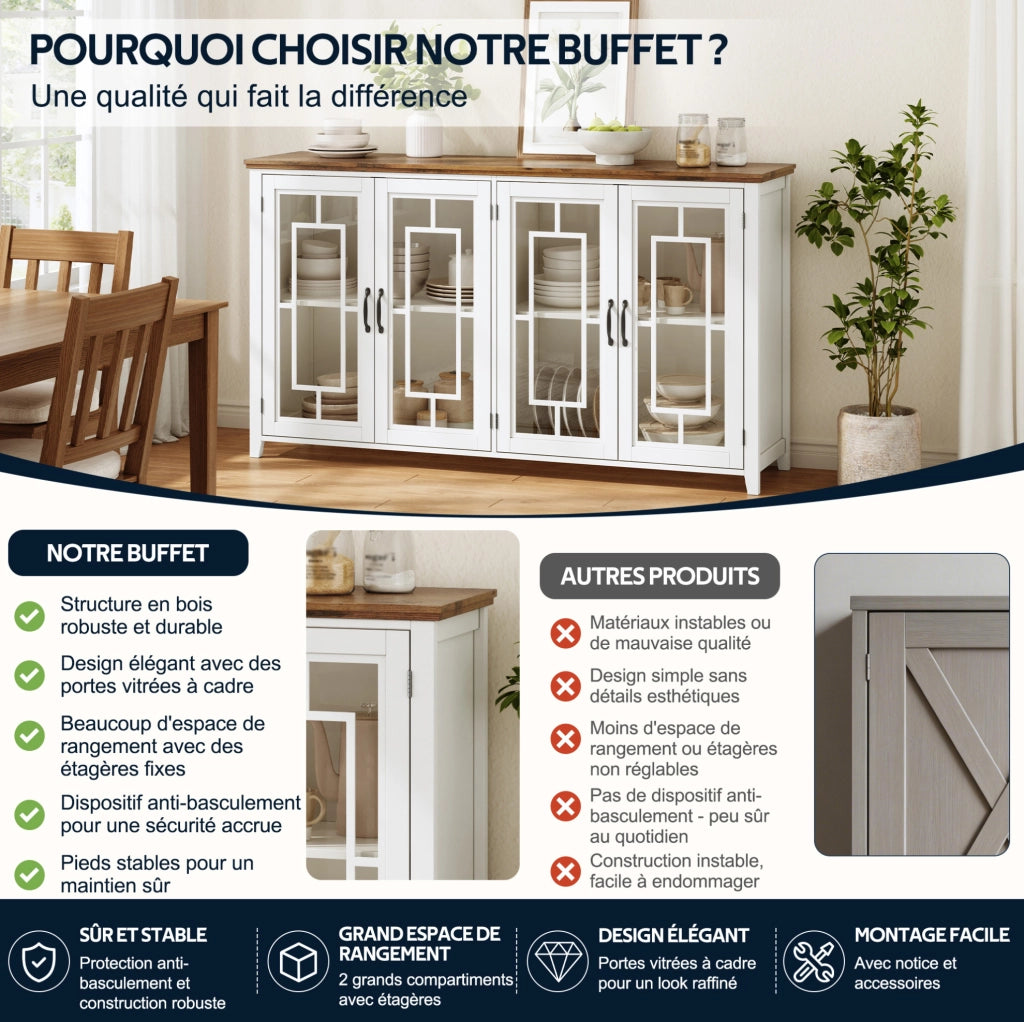 Sideboard cucina 160 cm con ante in vetro; MDF; bianco
