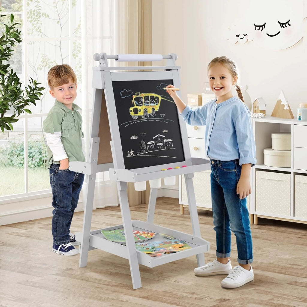 Lavagna per Bambini 3 in 1, Lavagna Magnetica con Lavagna Bifacciale, Rotolo di Carta, Vassoi Portaoggetti e 3 Bicchieri per Pittura, Cavalletto in Legno per Bambini 3+ Anni (Grigio)