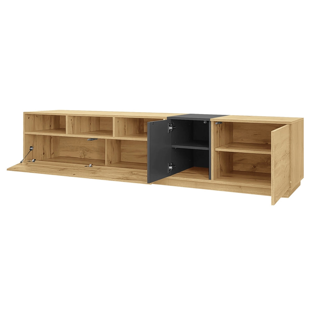 Mobile TV 200x45x45 cm con 3 vani aperti e 3 ante; pannello truciolare nero; grigio e naturale