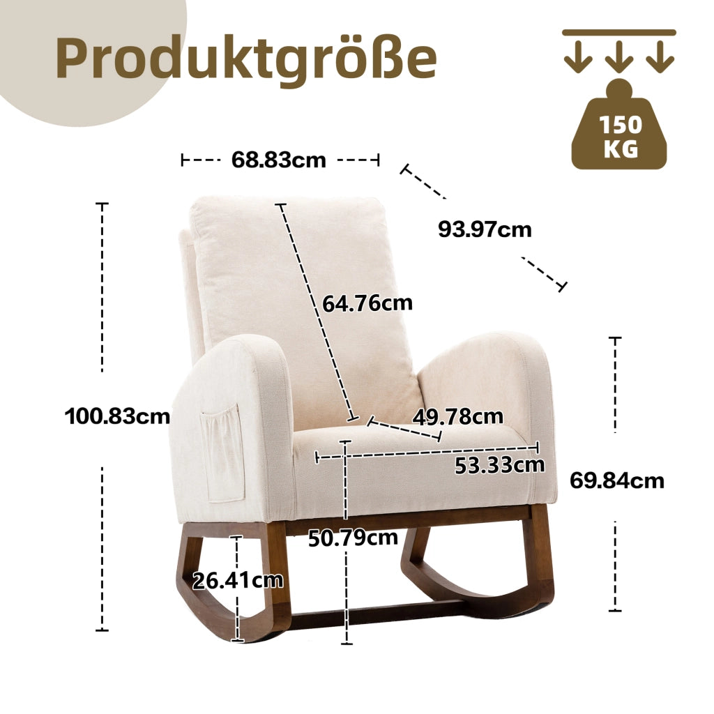 Sedia a dondolo con schienale alto e tasche laterali in lino beige con braccioli lunghi e gambe in legno di gomma