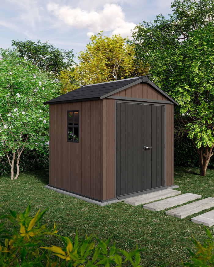 Casetta Box da Giardino 230x223,8x246 cm Newton Plus 757/775 Doppia Opzione Montaggio in Resina Evotech+ Marrone