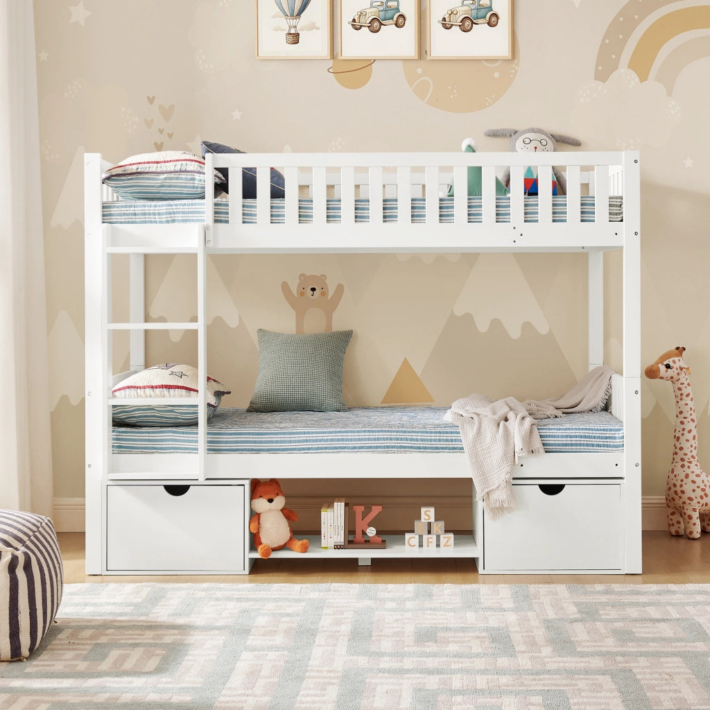 Letto bambini in legno di pino 90x200; scomponibile in 2 letti; sponde; cassetti; scala; bianco