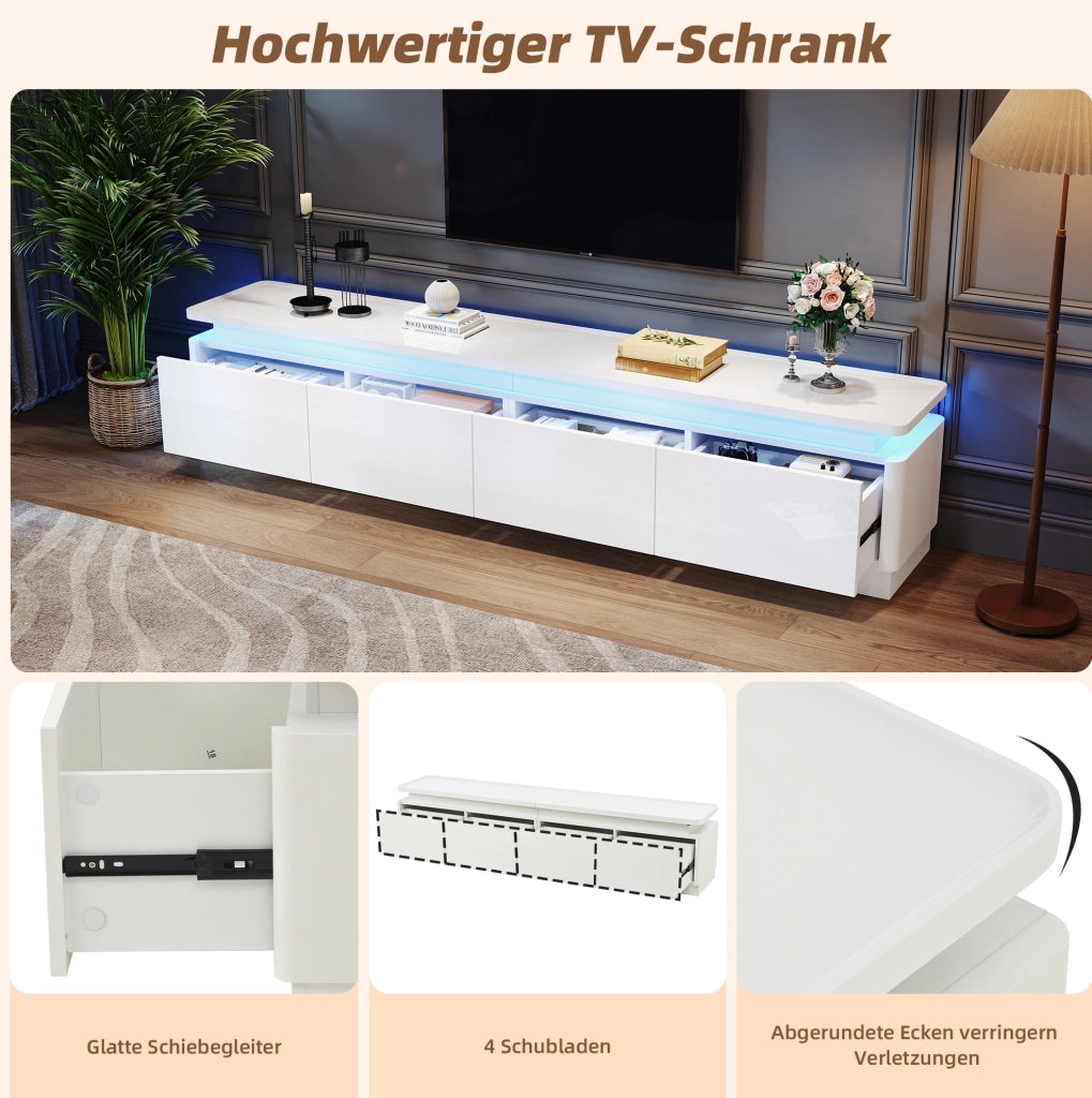 Mobile TV bianco lucido 180x34x40 cm con 4 cassetti e LED Bluetooth