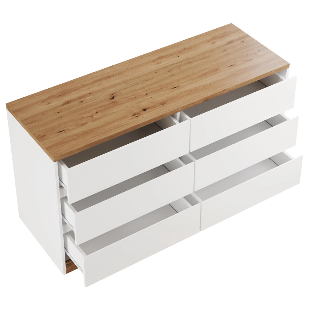 Scrivania girevole 2 in 1 con 6 cassetti 120x50 cm in pannello truciolare; bianco e rovere