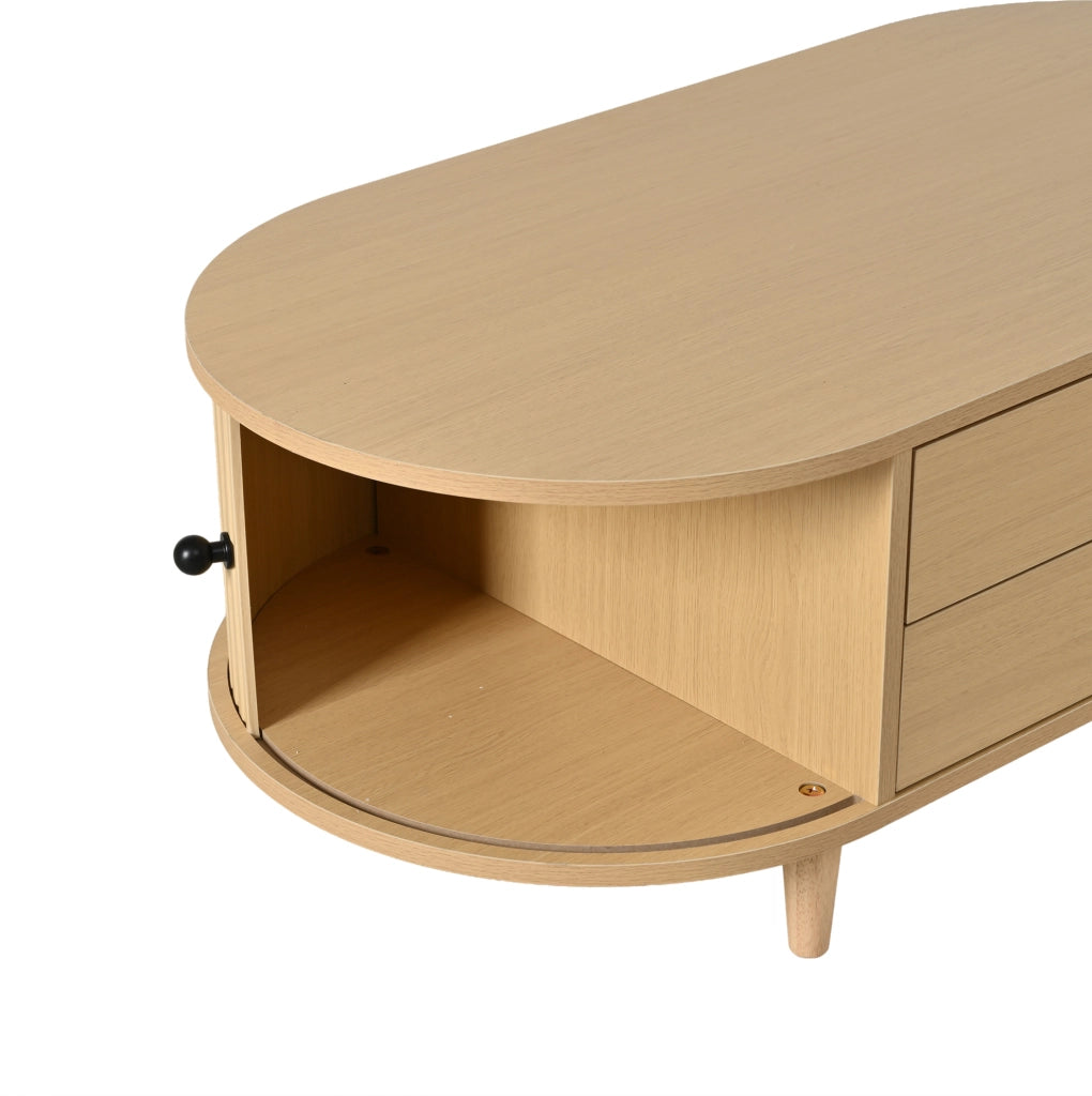 Tavolino da salotto in MDF con 2 cassetti e ante scorrevoli; 100x50x36 cm; legno naturale