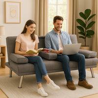 Divano Convertibile 2in1 in Tessuto Grigio Cuscini e Bracciolo con Portabibite