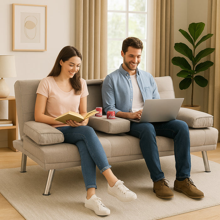 Divano Convertibile 2in1 in Tessuto Tortora Cuscini e Bracciolo con Portabibite