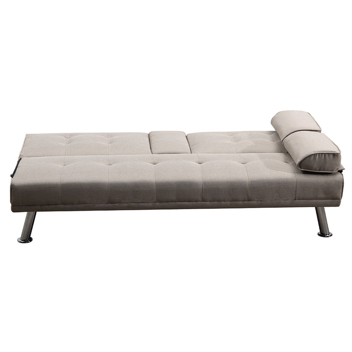 Divano Convertibile 2in1 in Tessuto Tortora Cuscini e Bracciolo con Portabibite