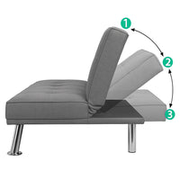 Divano Convertibile 2in1 in Tessuto Grigio Cuscini e Bracciolo con Portabibite