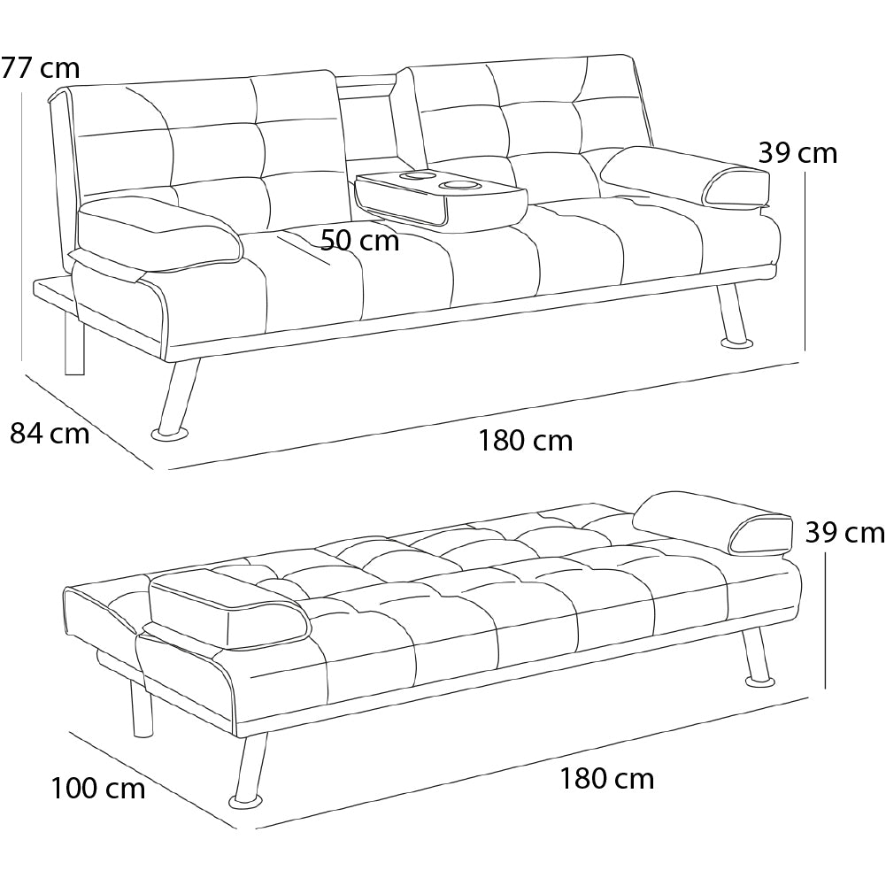 Divano Convertibile 2in1 in Tessuto Grigio Cuscini e Bracciolo con Portabibite