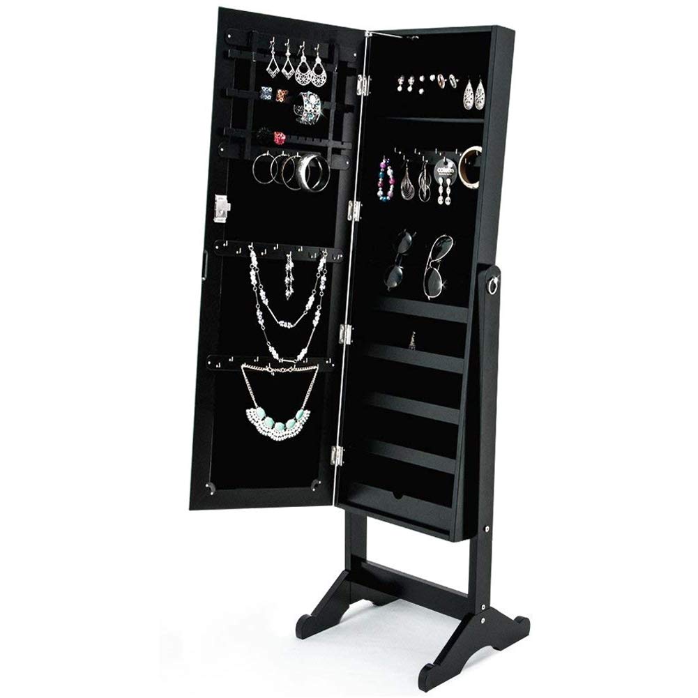 Specchiera Portagioie Armadietto Portagioielli Basculante con Specchio Legno Nero