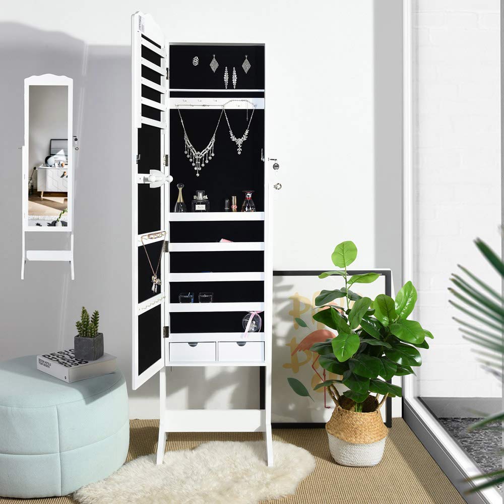 Specchiera Portagioie Armadietto Portagioielli Basculante con Specchio Legno Bianco