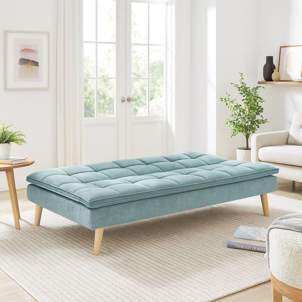 Divano Letto Reclinabile 3 Posti Ergonomico in Tessuto Celeste con Gambe Legno