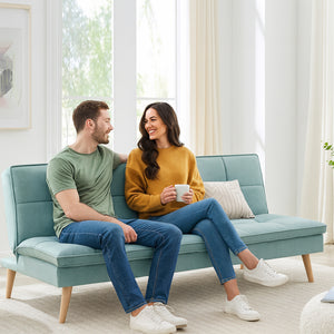 Divano Letto Reclinabile 3 Posti Ergonomico in Tessuto Celeste con Gambe Legno