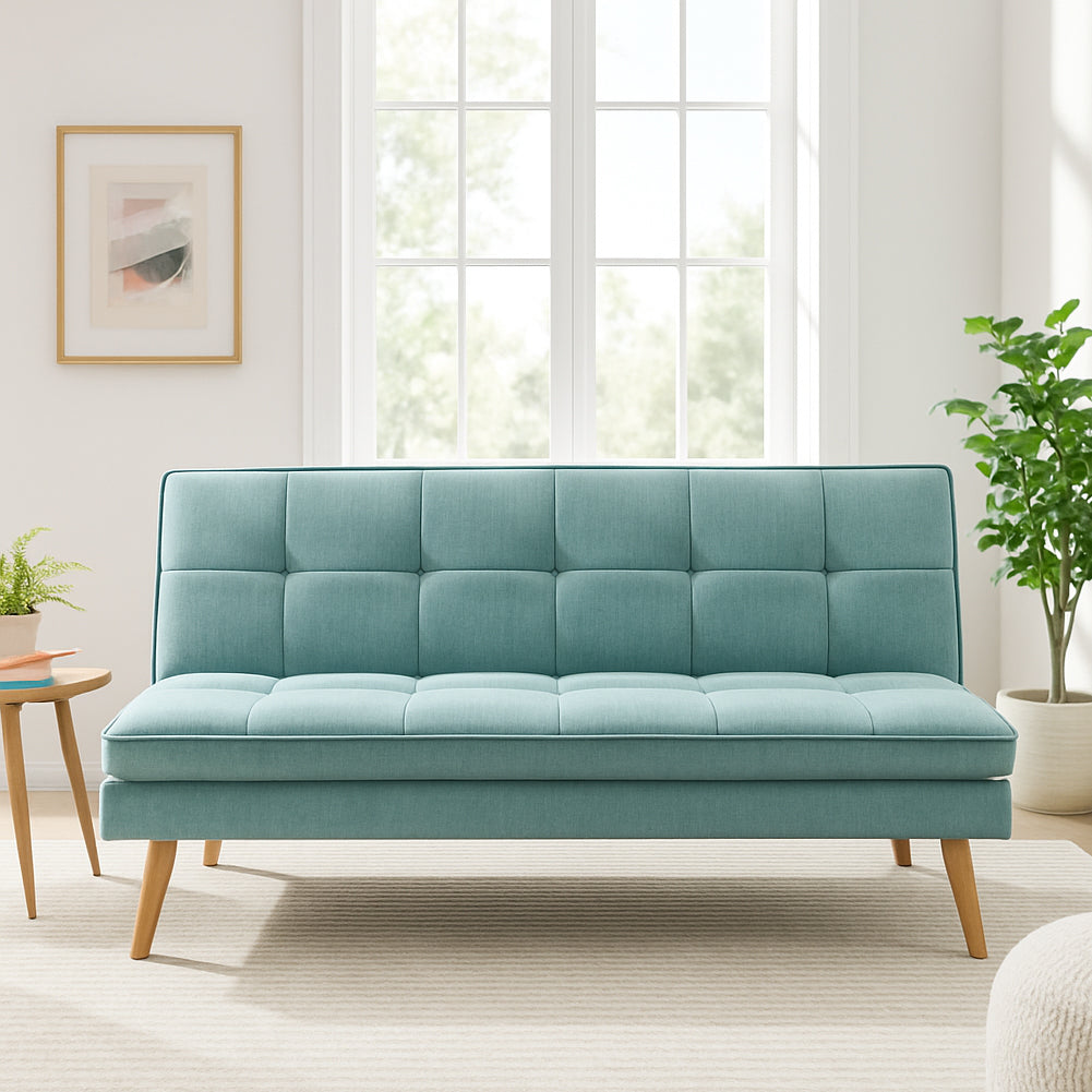 Divano Letto Reclinabile 3 Posti Ergonomico in Tessuto Celeste con Gambe Legno