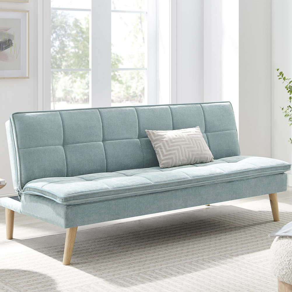 Divano Letto Reclinabile 3 Posti Ergonomico in Tessuto Celeste con Gambe Legno