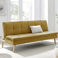 Divano Letto Reclinabile 3 Posti Ergonomico in Tessuto Mostarda con Gambe Legno