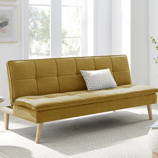 Divano Letto Reclinabile 3 Posti Ergonomico in Tessuto Mostarda con Gambe Legno