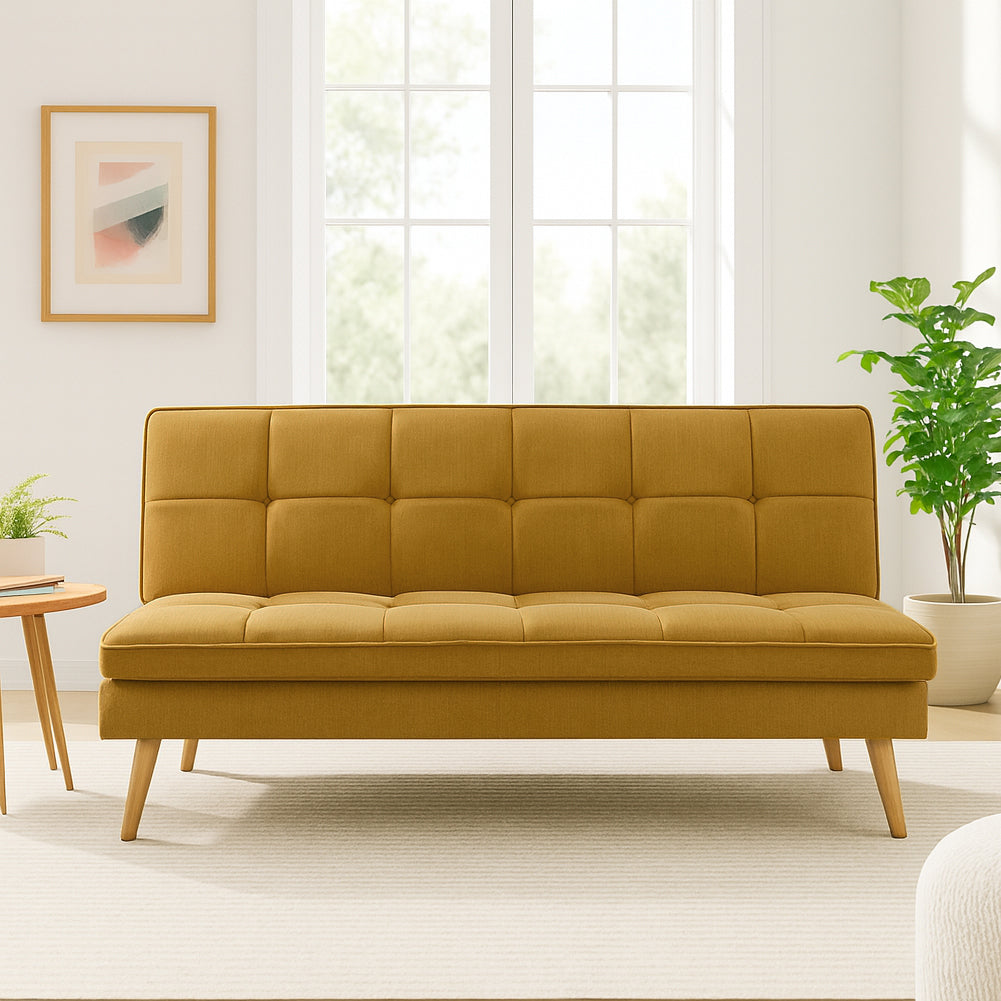 Divano Letto Reclinabile 3 Posti Ergonomico in Tessuto Mostarda con Gambe Legno