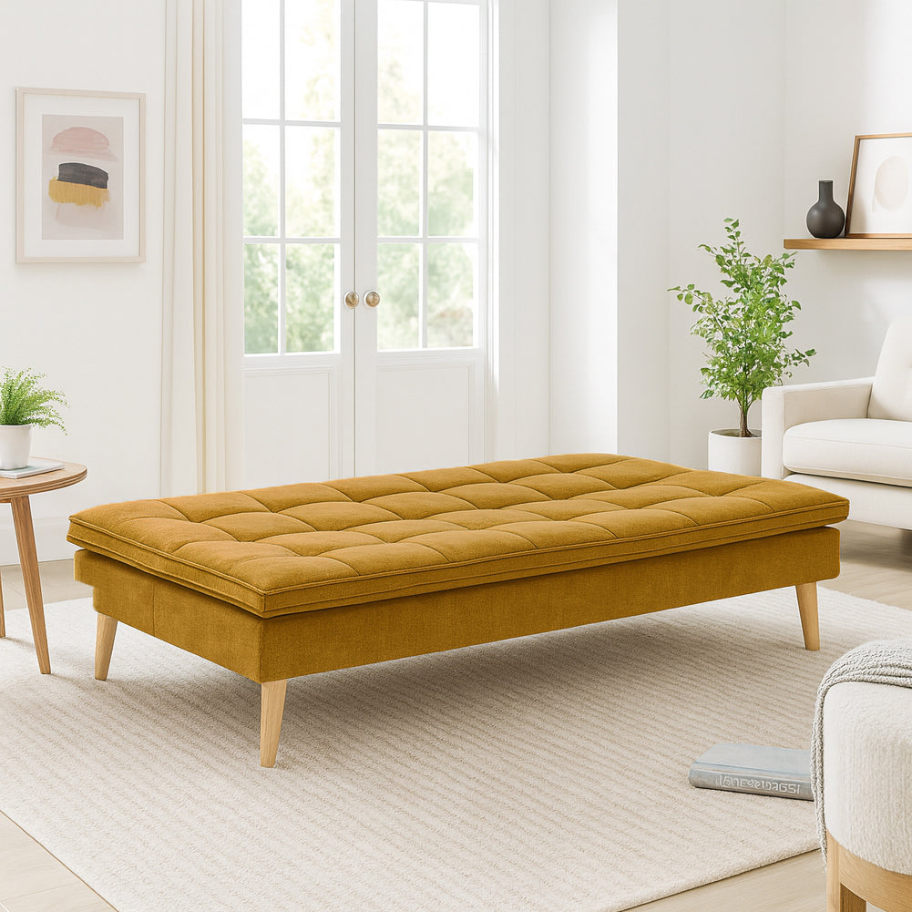 Divano Letto Reclinabile 3 Posti Ergonomico in Tessuto Mostarda con Gambe Legno