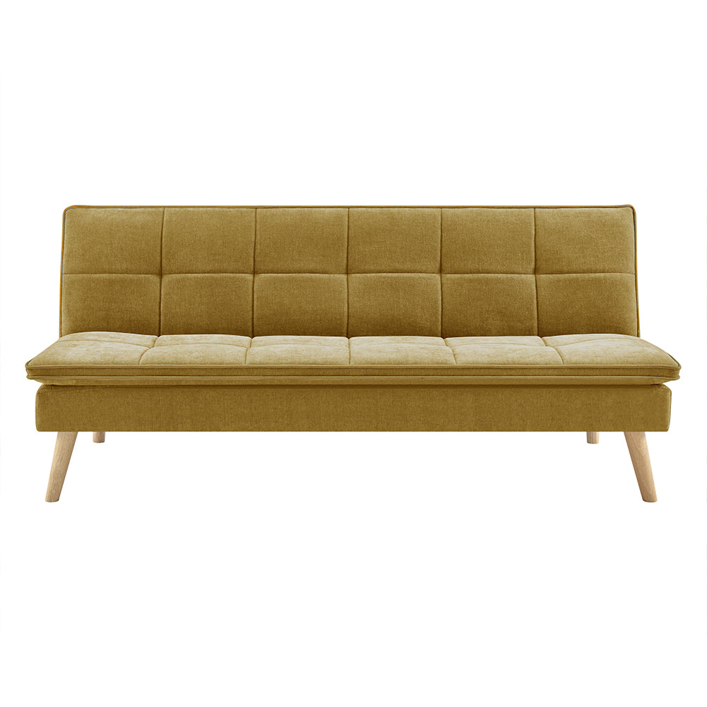 Divano Letto Reclinabile 3 Posti Ergonomico in Tessuto Mostarda con Gambe Legno