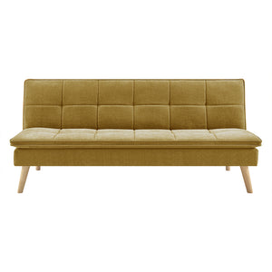 Divano Letto Reclinabile 3 Posti Ergonomico in Tessuto Mostarda con Gambe Legno