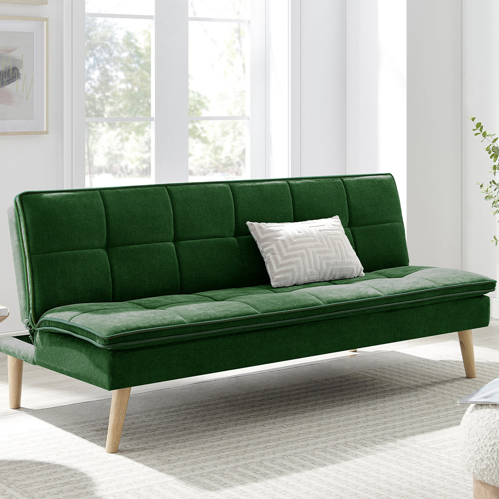 Divano Letto Reclinabile 3 Posti Ergonomico in Tessuto Verde con Gambe in Legno