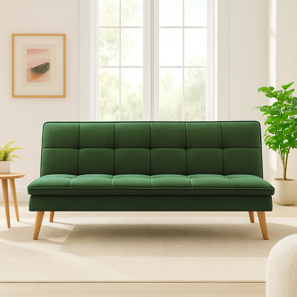 Divano Letto Reclinabile 3 Posti Ergonomico in Tessuto Verde con Gambe in Legno