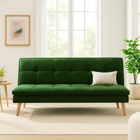 Divano Letto Reclinabile 3 Posti Ergonomico in Tessuto Verde con Gambe in Legno