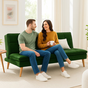 Divano Letto Reclinabile 3 Posti Ergonomico in Tessuto Verde con Gambe in Legno