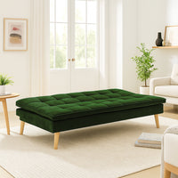 Divano Letto Reclinabile 3 Posti Ergonomico in Tessuto Verde con Gambe in Legno