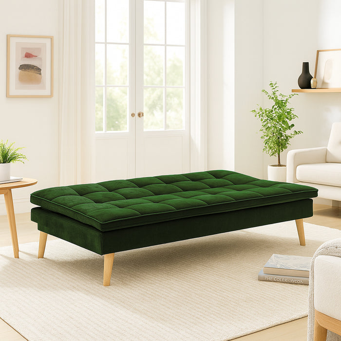 Divano Letto Reclinabile 3 Posti Ergonomico in Tessuto Verde con Gambe in Legno