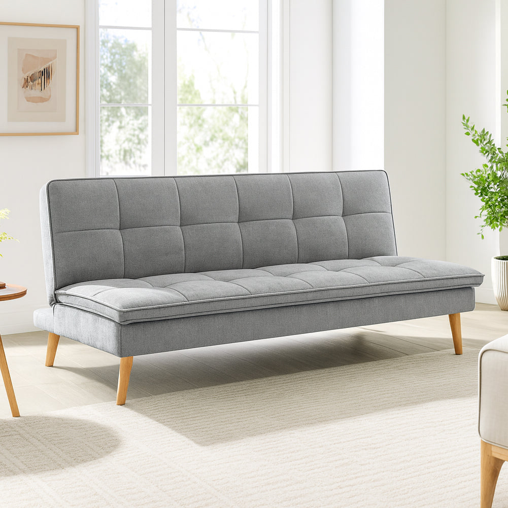 Divano Letto Reclinabile 3 Posti Ergonomico in Tessuto Grigio con Gambe in Legno