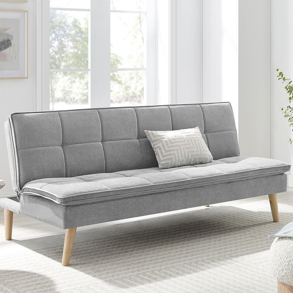 Divano Letto Reclinabile 3 Posti Ergonomico in Tessuto Grigio con Gambe in Legno