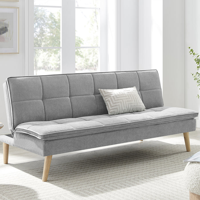 Divano Letto Reclinabile 3 Posti Ergonomico in Tessuto Grigio con Gambe in Legno