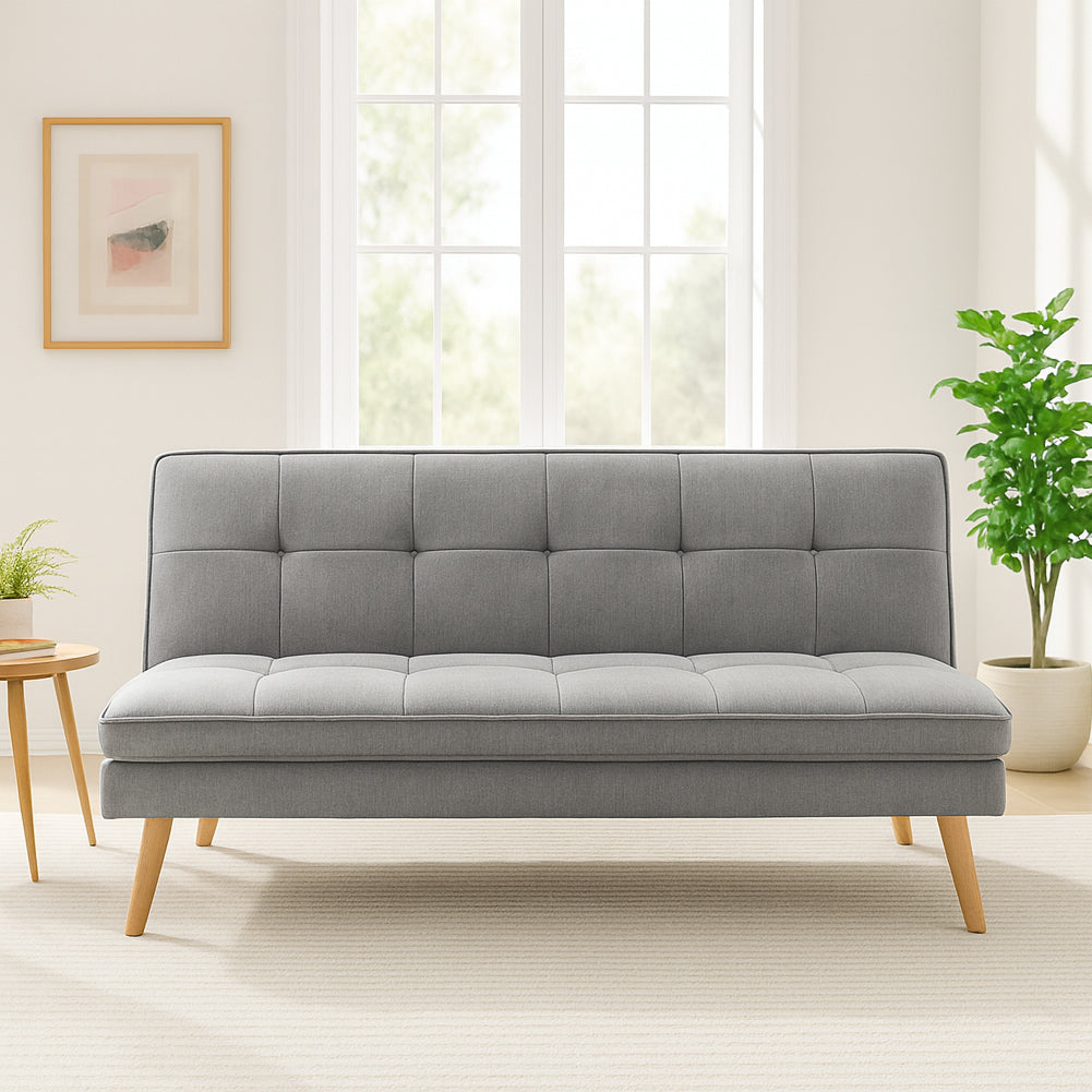 Divano Letto Reclinabile 3 Posti Ergonomico in Tessuto Grigio con Gambe in Legno