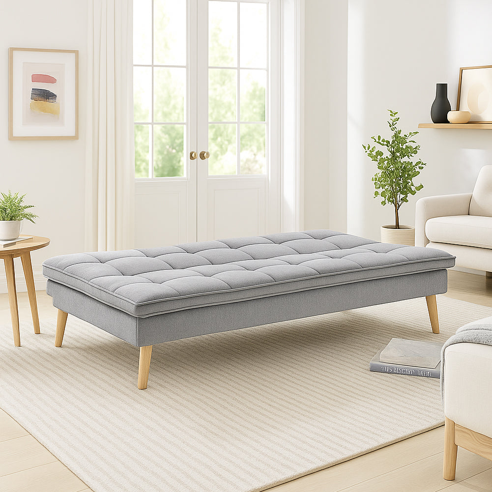 Divano Letto Reclinabile 3 Posti Ergonomico in Tessuto Grigio con Gambe in Legno