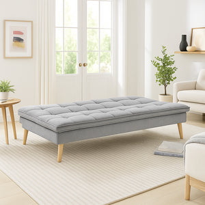 Divano Letto Reclinabile 3 Posti Ergonomico in Tessuto Grigio con Gambe in Legno