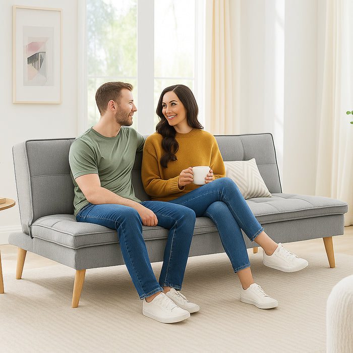 Divano Letto Reclinabile 3 Posti Ergonomico in Tessuto Grigio con Gambe in Legno