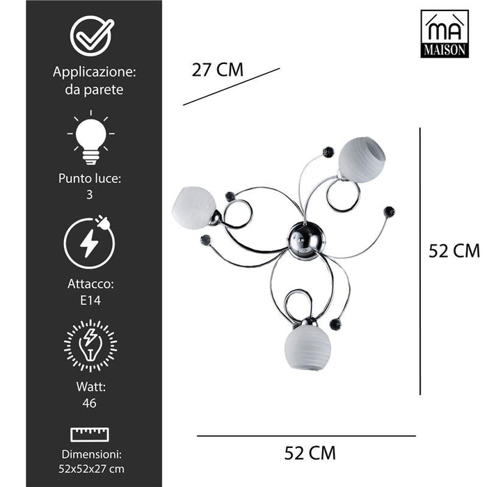 SAMU PLAFONIERA DESIGN MODERNO IN METALLO COLORE CROMATO E14 3 LUCI 46 WATT 52X52X27 CM