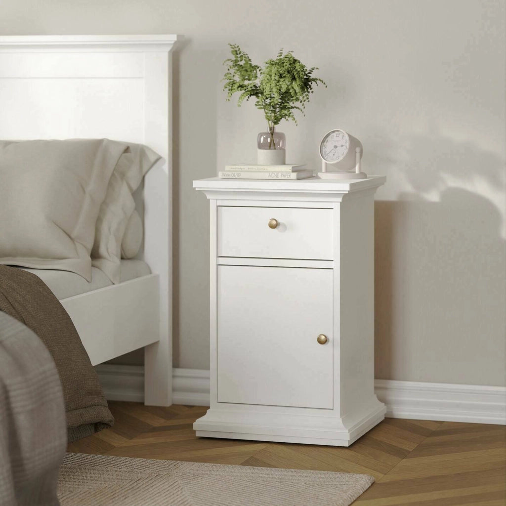 Comodino Mauricette, Comò basso, Tavolino da notte, Mensola da letto, 44x40 h70 cm, Bianco