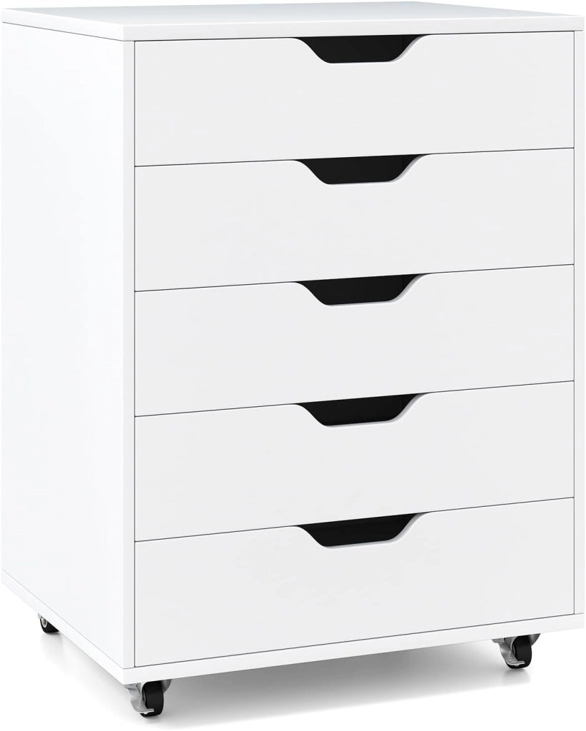 Cassetto da scrivania mobile con 5 cassetti da ufficio, mobile da ufficio, organizer con ruote, supporto per stampante per cartelle, documenti, documenti, carta, 48 x 39,5 x 69,5 cm (Bianco)
