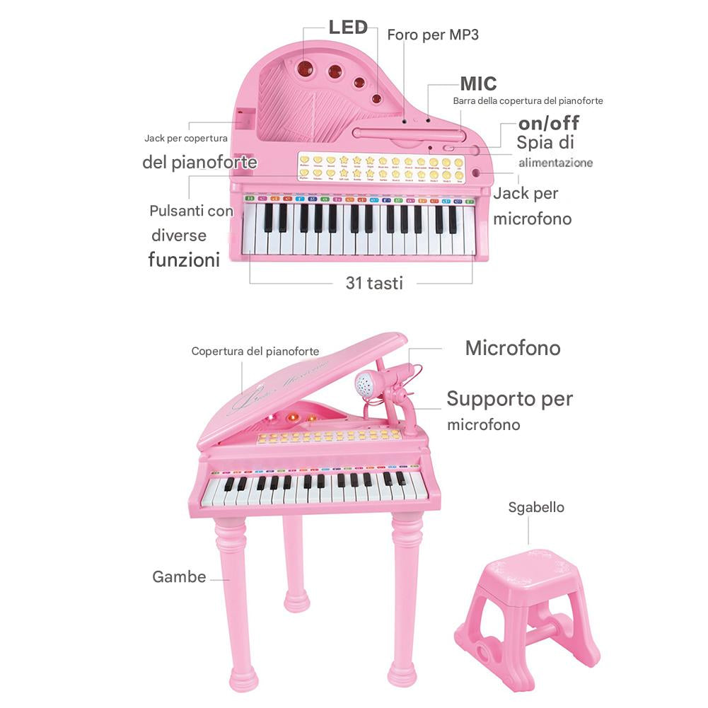 Pianoforte per Bambini con 31 Tasti Sgabello e Microfono Tastiera Musicale Rosa