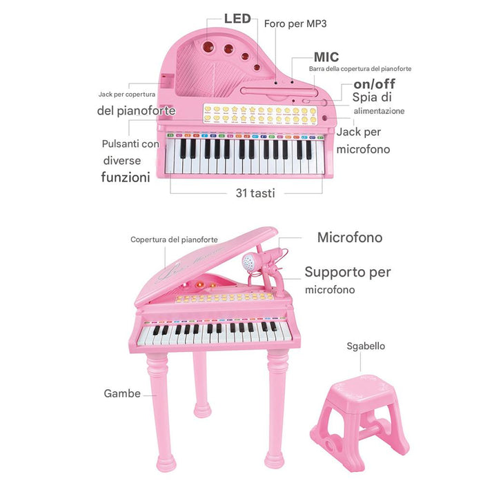 Pianoforte per Bambini con 31 Tasti Sgabello e Microfono Tastiera Musicale Rosa