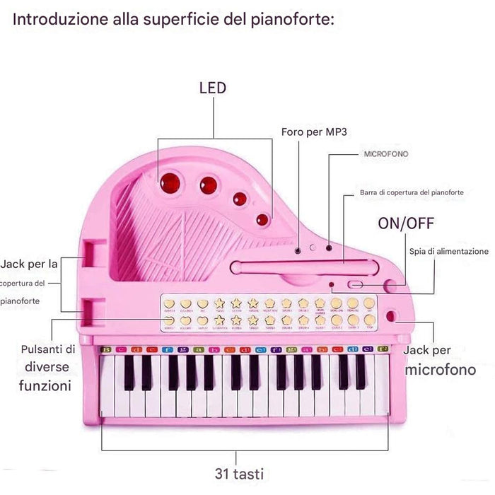 Pianoforte per Bambini con 31 Tasti Sgabello e Microfono Tastiera Musicale Rosa