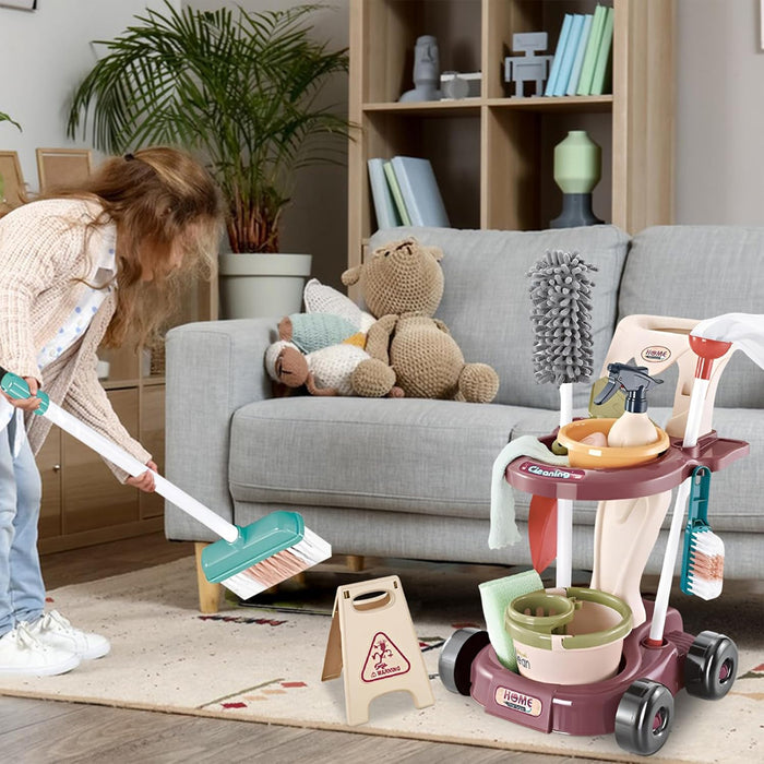 Kit di Pulizia per Bambini con Carrello Scopa Paletta Giocattolo Gioco Educativo