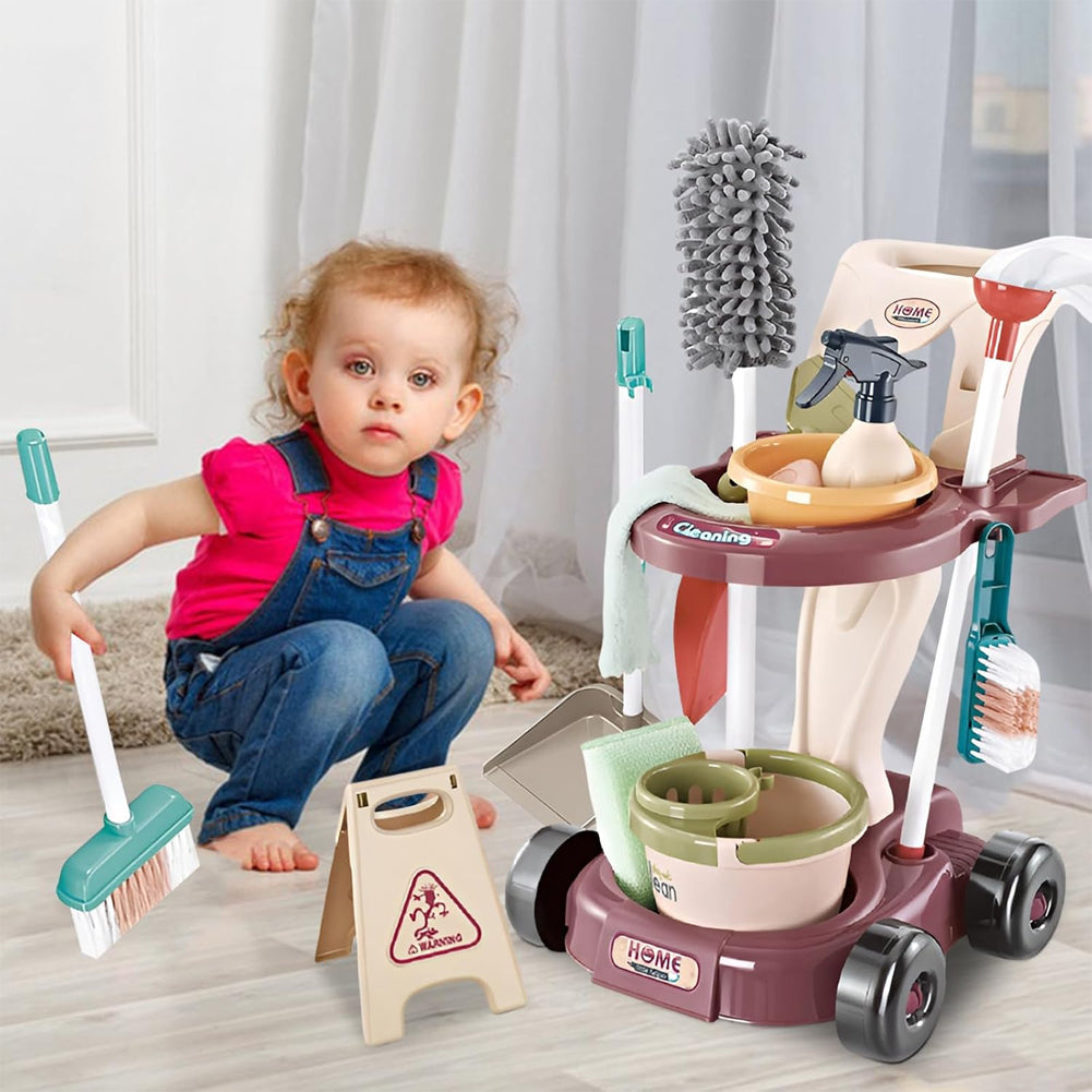 Kit di Pulizia per Bambini con Carrello Scopa Paletta Giocattolo Gioco Educativo
