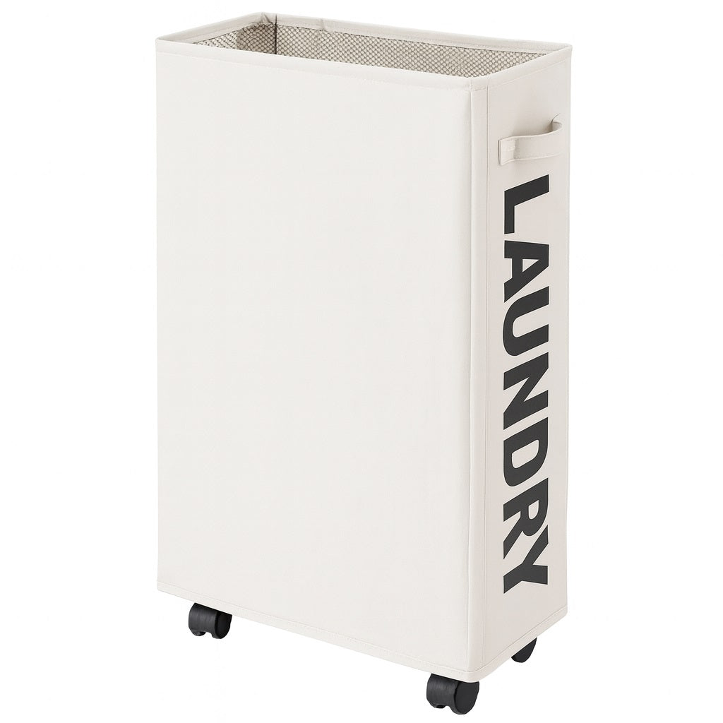 Cesto Biancheria Sporca Pieghevole in Tessuto Oxford Slim con Ruote e Coperchio Beige