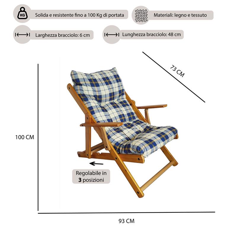 POLTRONA RELAX COMODONA BLU SCOZZESE IN LEGNO 3 POSIZIONI